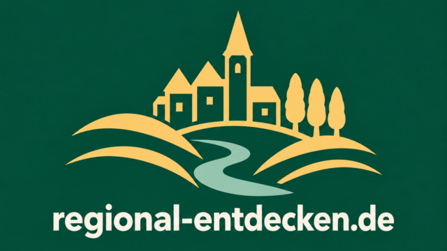 Regional entdecken – goldenes Stadtmotiv auf grünem Hintergrund